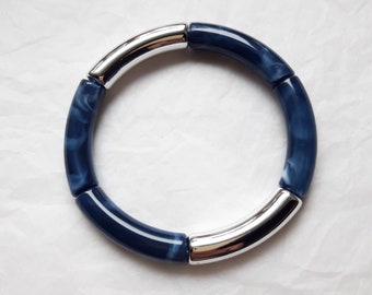 Bracelet jonc tubes incurvés en acrylique Bleu nuit marbré/Argenté, cadeau femme