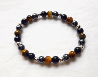 Triple Protection Bracelet in Natural Stones, Obsidian, Tiger's Eye, Hematite