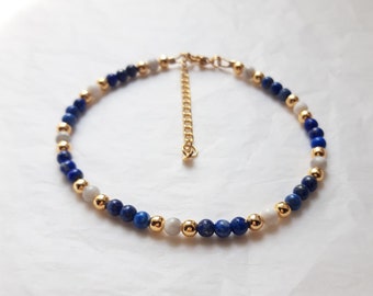 Enkelband Natuurstenen Lapis-Lazuli, Howliet en gouden kralen, Damescadeau