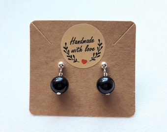 Boucles d'oreilles Obsidienne noire et clou argent 925, cadeau femme