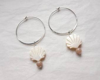 Natural mother-of-pearl and sunstone shell hoop earrings, 925 silver, women's gift