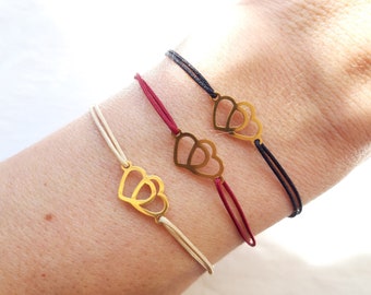 Personalized double golden heart bracelet on cord, adjustable love bracelet, women's gift