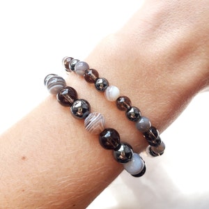 Bracelet "Stop tabac" en pierres naturelles : agate du Botswana, quartz fumé, hématite