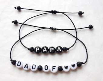 Bracelet homme personnalisé réglable perles lettres acrylique blanches ou noires et perles en pierre de lave, cadeau papa parrain tonton