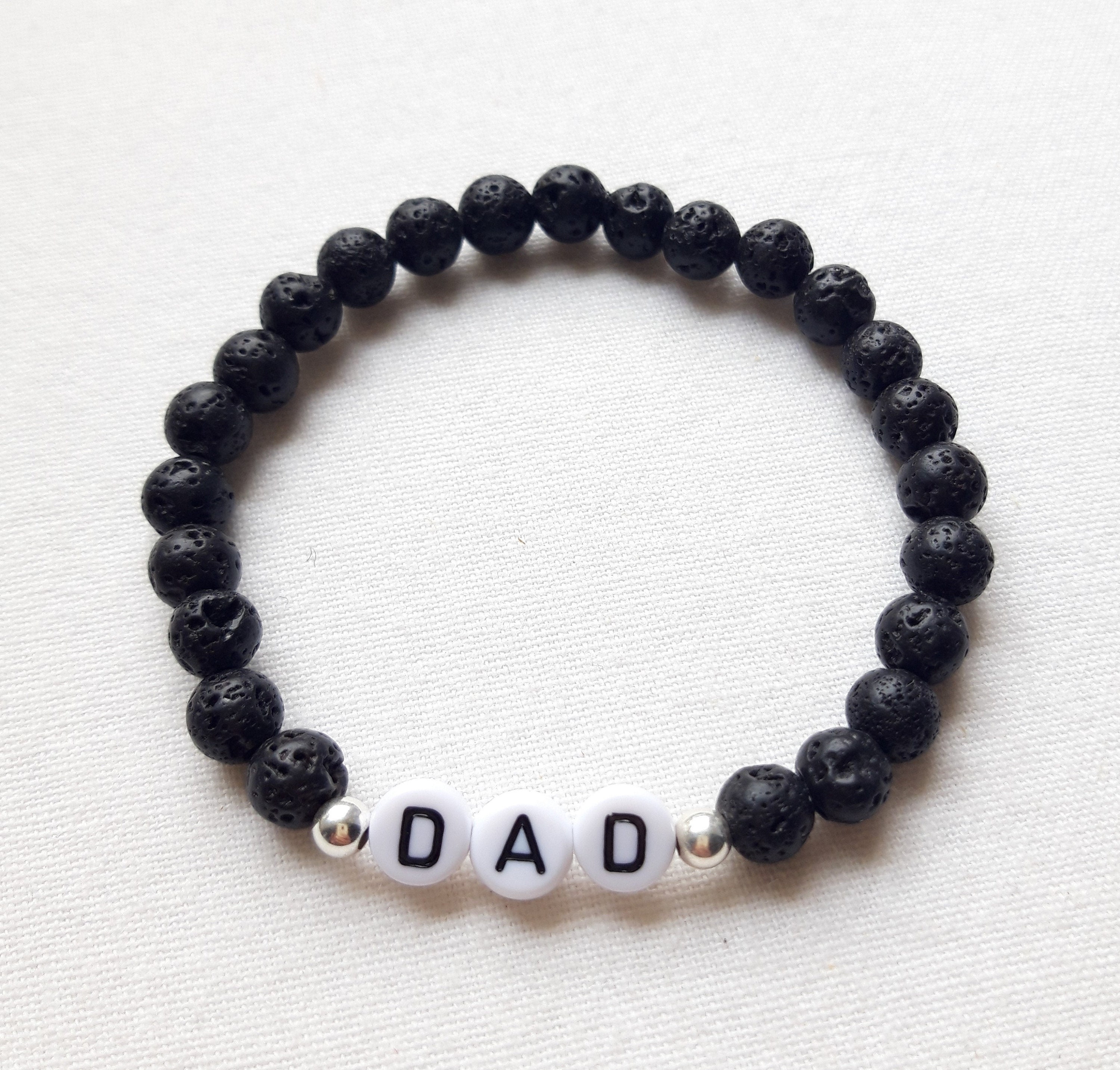 Customizable Men's Bracelet in Lava Stone, White Acrylic Letter Beads and  Silver Beads, Uncle Godfather Gift 