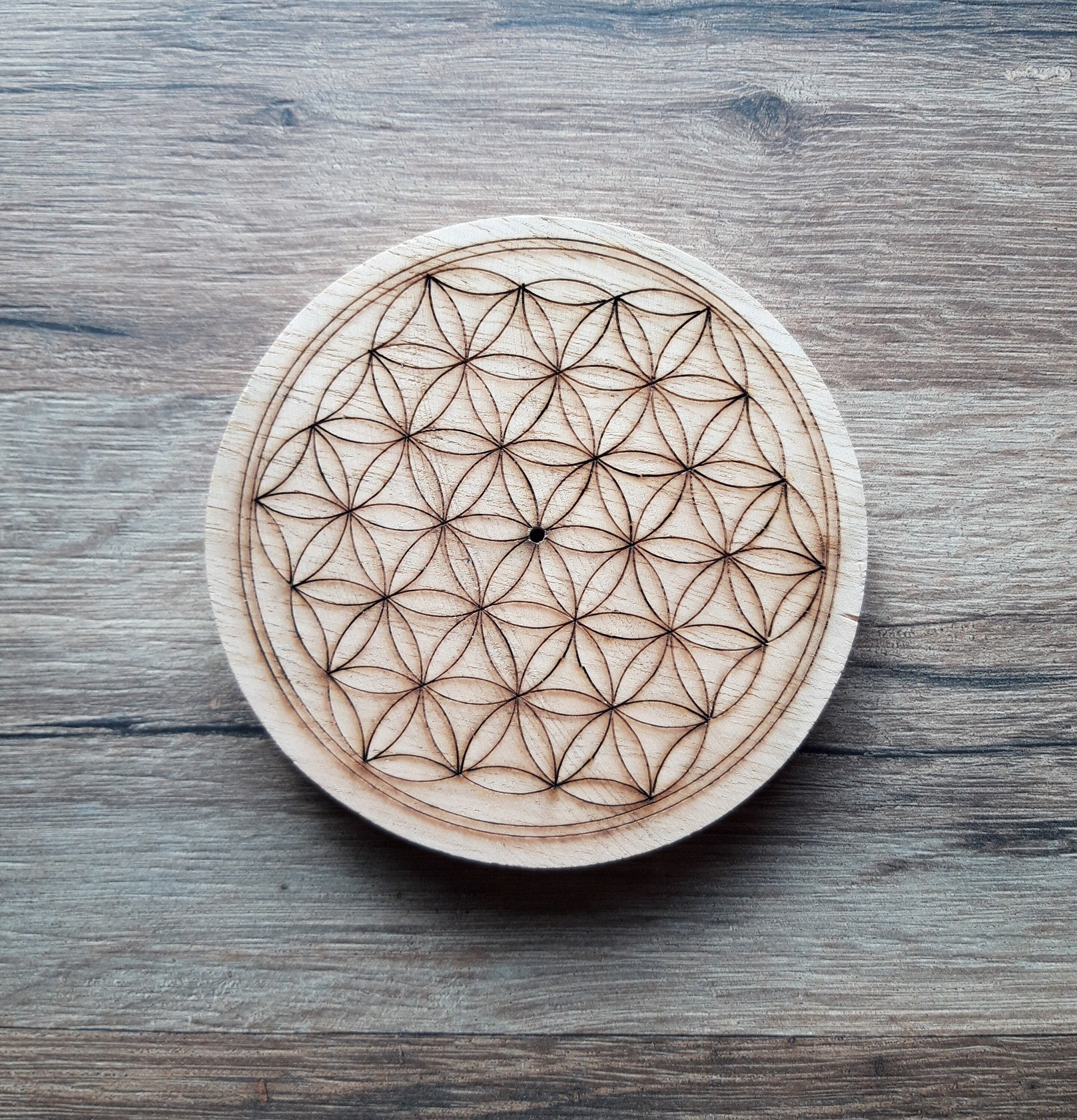 Porte-Encens en Bois Fleur de Vie 10cm, Plaque Rechargement Pour Minéraux