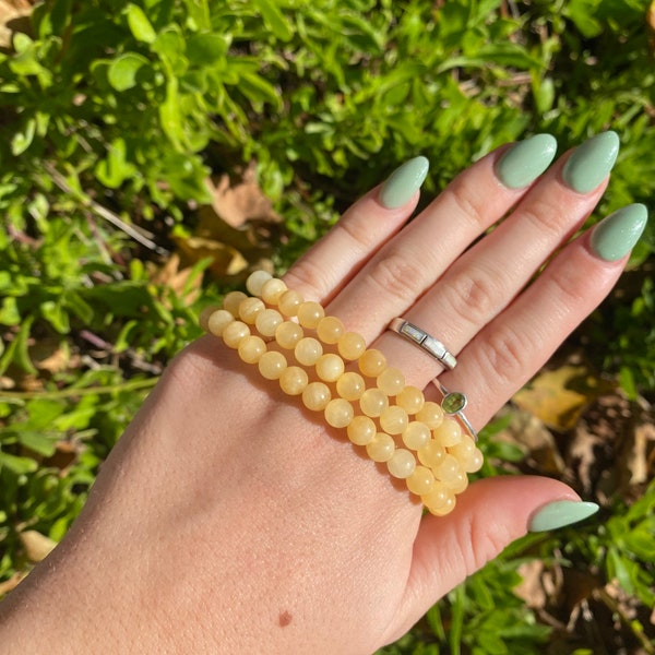 Hand made Honey Calcite Crystal Bracelet; Natural Yellow Calcite Gemstone Stretch Bracelet, 6 mm