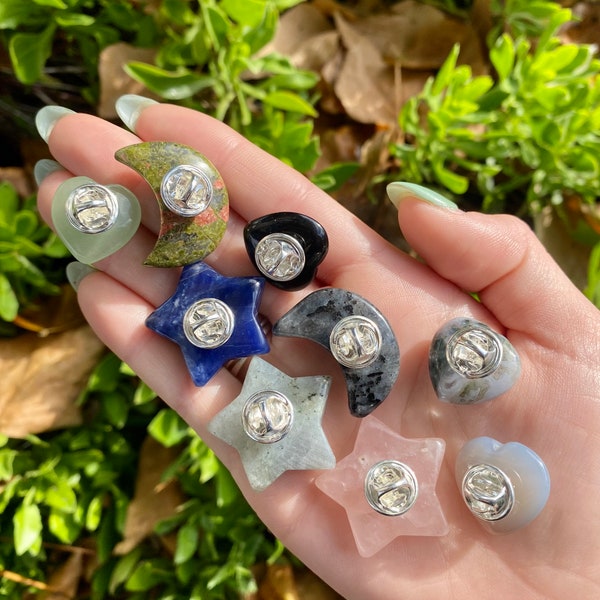 Crystal Pins; Gemstone Heart, Moon, Star Pins; 3 Pack option, Crystal Accessories, Crystal Heart Moon Star Pin, Genuine Crystals