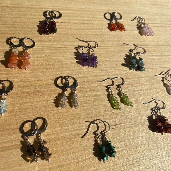 Natural Crystal Dangle Earrings; Gemstone Lever Back Earrings, Quartz, Sunstone, Garnet, Amber, Aquamarine + MORE