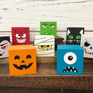 Halloween Faces Mini Wood Blocks | Reclaimed Wood Farmhouse Halloween Mini Blocks | Halloween Tiered Tray Decor