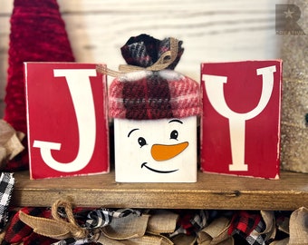 Rustic Snowman Block Set | Wood Snowman Blocks |  JOY Wood Blocks | Farmhouse Snowman Blocks | Snowman Decor | Christmas Tiered Tray Decor