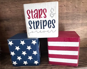 Reclaimed Wood Farmhouse Patriotic Blocks | 4th of July Decor | Independence Day Decor | Tiered Tray Decor | Red, White, and Blue