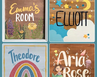 Custom personalized kid&#39;s or baby name sign, rainbow, moon and stars, flowers, mermaid