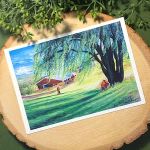 May include: A painting of a rural scene with a large weeping willow tree in the foreground. The tree casts a shadow over a red barn and a green field. Two figures are walking in the distance. The painting is signed "Emily Smullen" in the lower right corner.