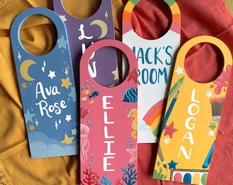 Custom, hand-painted, personalized kid&#39;s name door hanger sign, rainbow, moon and stars, art, ocean