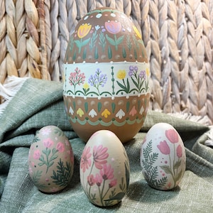 Neutral Rose/Pastel Floral bespoke wooden eggs; hand-painted, 2 size options; jumbo 5 inch/set of 3