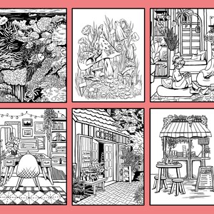 Coloring Page Pack: Forest Fairies, Cafes, Coral and Cozy Comforts, 6 sheets/pack