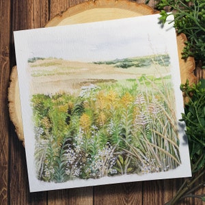 Amber Waves of Grains and Wildflowers - Reproduction of a Watercolor Artwork on Velvet Fine Art Paper, 8x8 Inches, Square