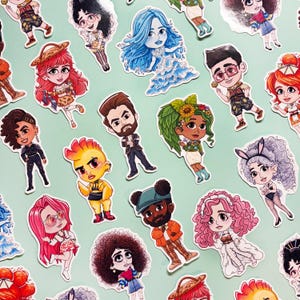 Date Everything character stickers: Hand-drawn fan art glossy die-cut stickers (Skylar, Dorian, Chance, Dolly, Teddy, Betty, Prissy, River)