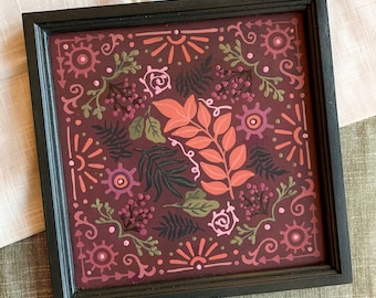 Leaves and berries patterned hand-painted wood panel wall decor