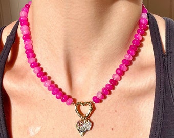 Every Day is Valentines Day, Baby - Pink Agate Gemstone Candy Necklace with GF Heart Enhancer Clasp