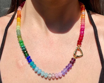 Sweetheart Skittles | Hand-Knotted  Rainbow Gemstone Candy Necklace with Gold Filled Heart Enhancer