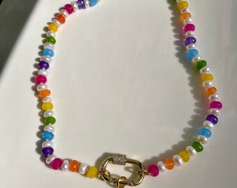 Lucky Charms with Whole Milk Gemstone and Freshwater Pearl Candy Necklace | 14K Gold Filled Charm Bar Carabiner | 18”