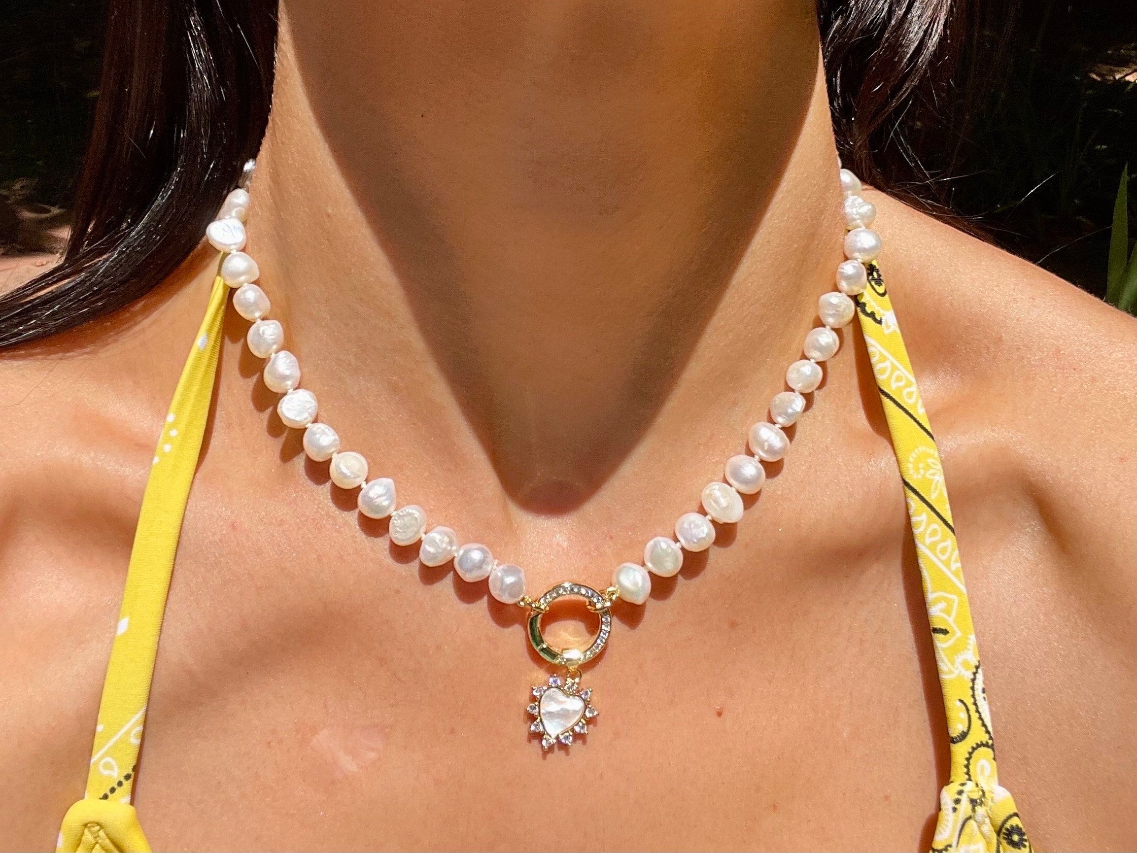 Handshakes in the Hamptons - Hand Knotted Freshwater Pearl Crystal Enhancer Clasp Necklace with Mother of Pearl Heart Charm
