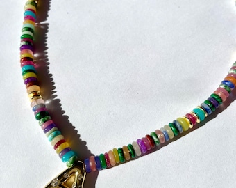 Officially Initially - Multicolor Heishi Gemstone and 14k GF Crystal Puffy Letter Nechlace