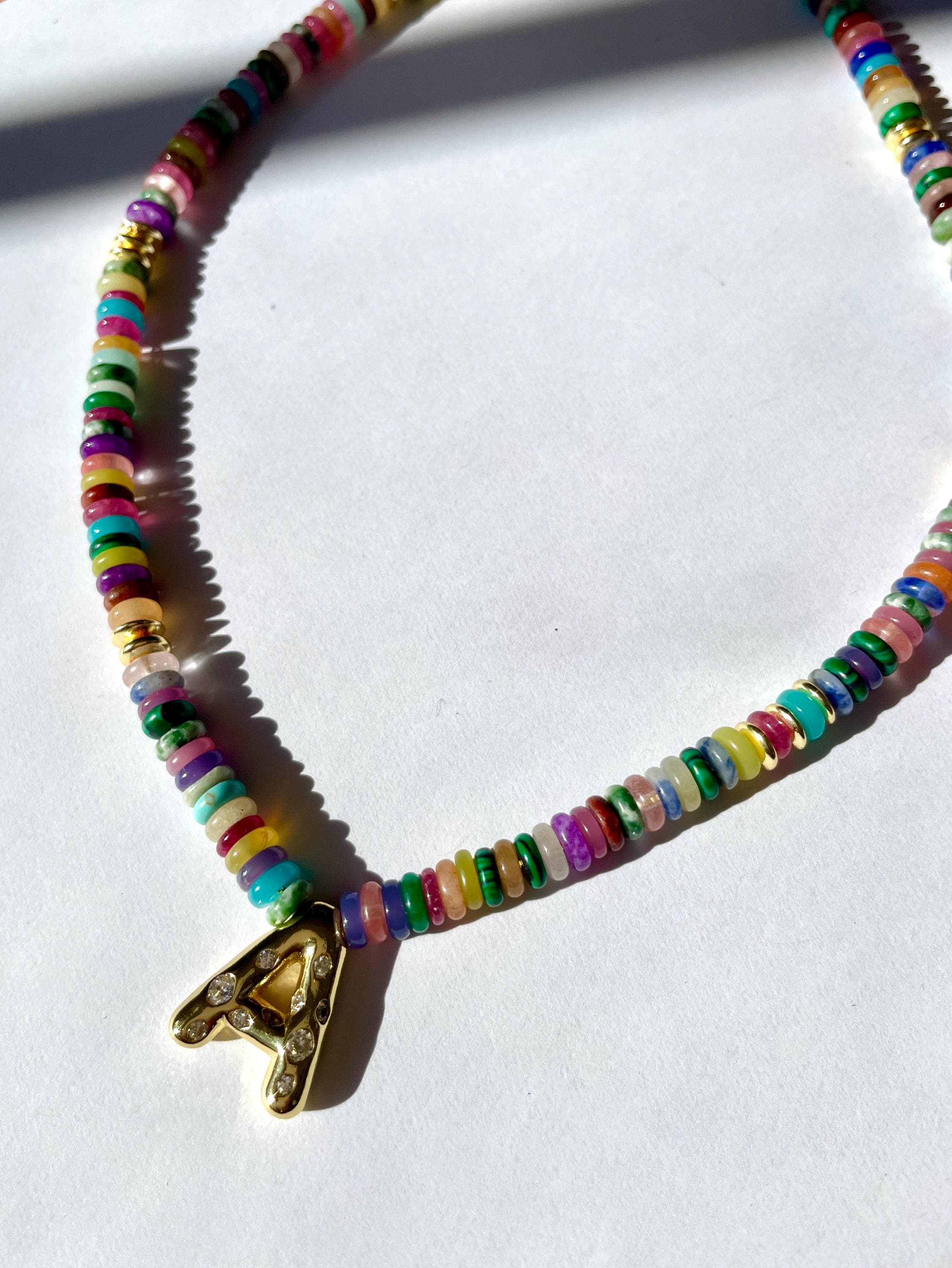 Officially Initially - Multicolor Heishi Gemstone and 14k GF Crystal Puffy Letter Nechlace
