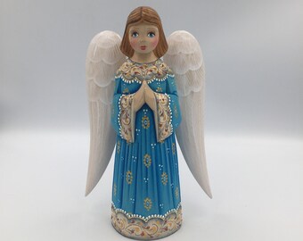 8 inches 20.5 cm Collectible wooden hand carved and hand painted angel figurine An ideal gift for Christmas