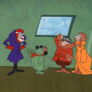 May include: A cartoon illustration of four characters in a plane. A green dog wearing a red scarf and goggles is standing in the middle of the image. Two men wearing red and orange coats and goggles are standing on the right side of the image. A man wearing a purple coat and goggles is standing on the left side of the image.