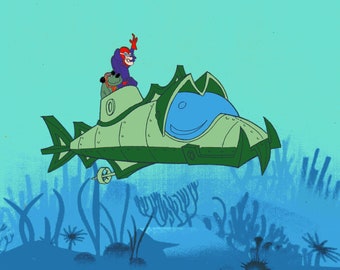 Hanna Barbera Dick Dastardly and Muttley in the S.S. Dirty Tricks Hand Painted Reproduction Animation Cel Art. Yogi's Treasure Hunt