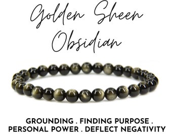 Gold Sheen Obsidian Crystal Gemstone Bracelet, Obsidian Crystal Bracelet, Gold Sheen Obsidian Jewelry, Crystal Gift, Holiday Present