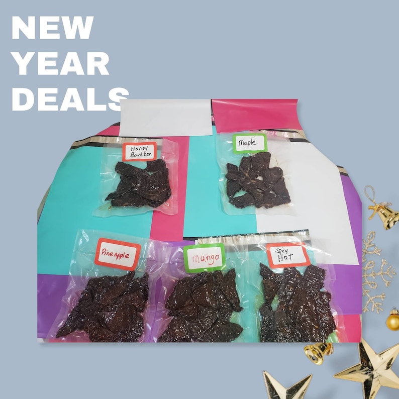 May include: Six bags of beef jerky with different flavor labels: Honey Bourbon, Maple, Pineapple, Mango, Spicy Hot. The bags are arranged on a colorful background.