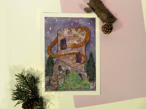 Highland Dragon A5 Fantasy Illustration Art Print Magical Etsy