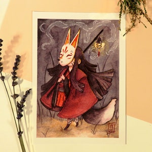 Kitsune Spirit / A5 Fantasy Illustration Kunstdruck / Magischer Geist Japanisches Folklore Kunstwerk