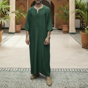 Broderad marockansk Gandoura – Djellaba-tunika för män, handgjord lätt kaftan för Eid, Ramadan och bröllop Green