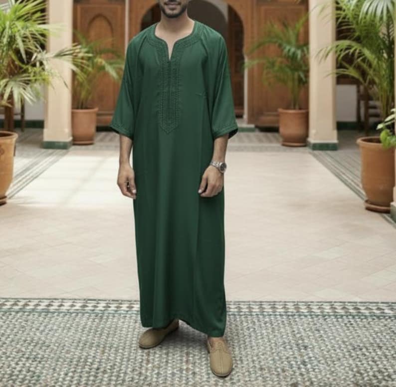 Broderad marockansk Gandoura – Djellaba-tunika för män, handgjord lätt kaftan för Eid, Ramadan och bröllop Green