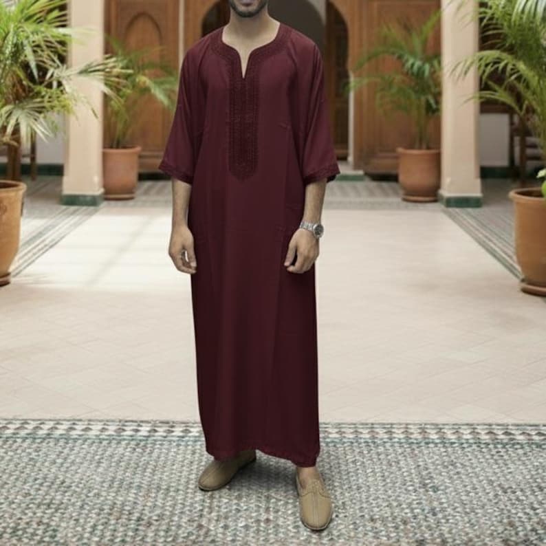 Broderad marockansk Gandoura – Djellaba-tunika för män, handgjord lätt kaftan för Eid, Ramadan och bröllop bild 5