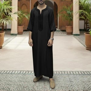 Broderad marockansk Gandoura – Djellaba-tunika för män, handgjord lätt kaftan för Eid, Ramadan och bröllop black