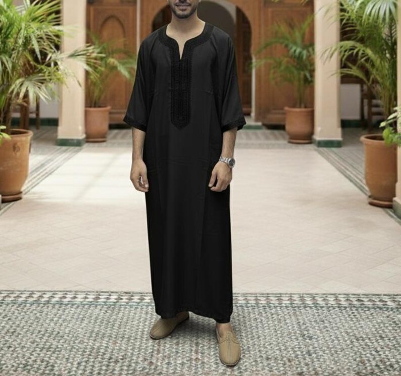 Broderad marockansk Gandoura – Djellaba-tunika för män, handgjord lätt kaftan för Eid, Ramadan och bröllop black