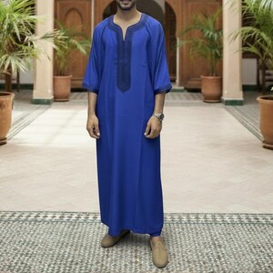 Broderad marockansk Gandoura – Djellaba-tunika för män, handgjord lätt kaftan för Eid, Ramadan och bröllop Royal Blue