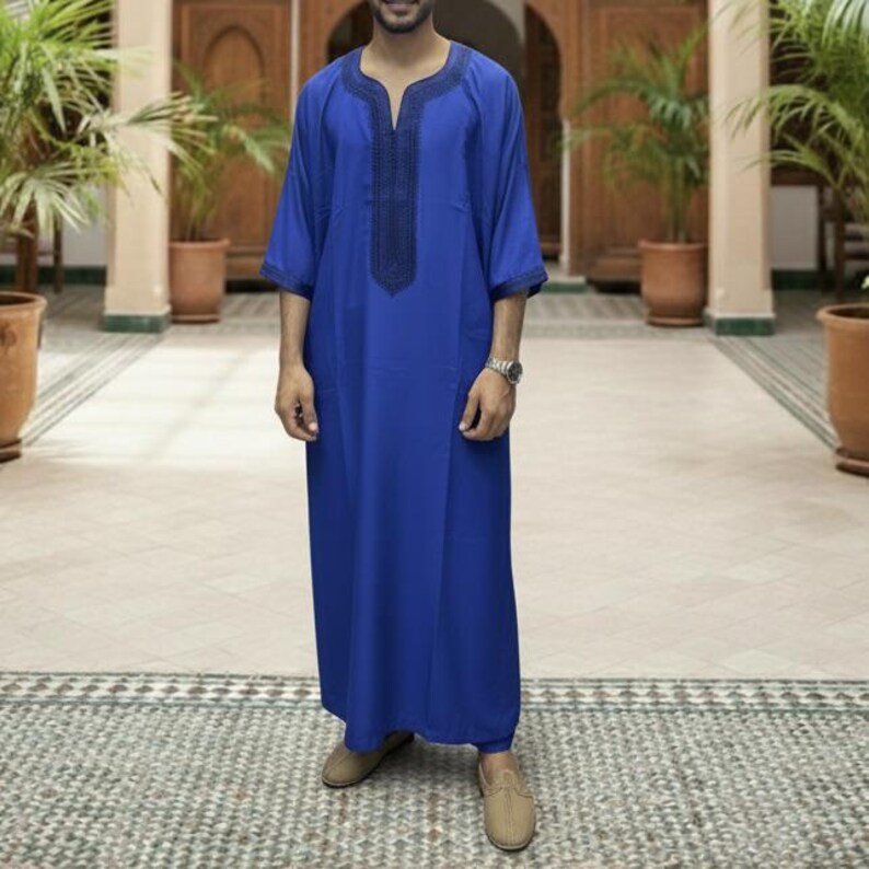 Broderad marockansk Gandoura – Djellaba-tunika för män, handgjord lätt kaftan för Eid, Ramadan och bröllop Royal Blue