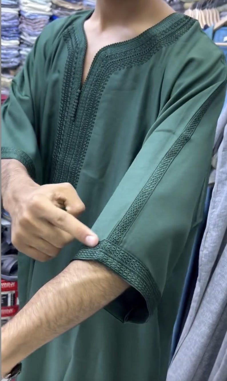 Broderad marockansk Gandoura – Djellaba-tunika för män, handgjord lätt kaftan för Eid, Ramadan och bröllop bild 4