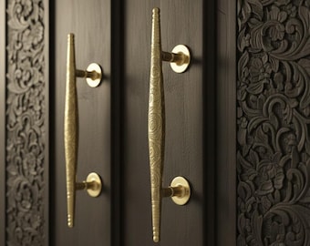 Engraved Brass Door Pull Handles (Set of 2): Moroccan Antique Style, 24cm