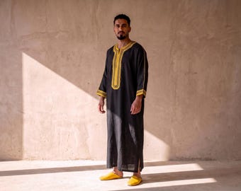 Broderad marockansk linne Gandoura herrmantel med lätt djellaba kaftan för eid och bröllop