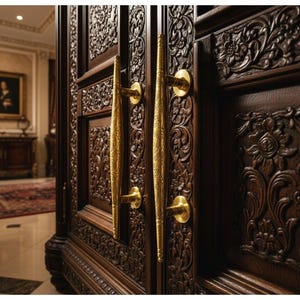Könnte beinhalten: Nahaufnahme einer dunkelbraunen Holztür mit aufwendigen Blumenschnitzereien. Zwei lange, goldfarbene Griffe mit dekorativen Details sind angebracht. Die Tür ist Teil eines größeren Möbelstücks, möglicherweise eines Schranks.