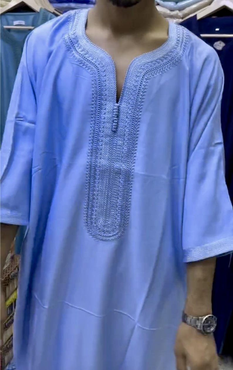 Broderad marockansk Gandoura – Djellaba-tunika för män, handgjord lätt kaftan för Eid, Ramadan och bröllop Light Blue