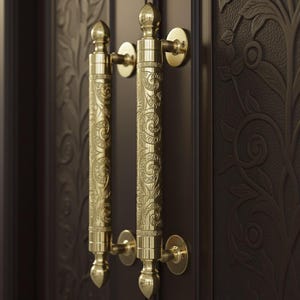 May include: Close-up of two ornate, gold-colored door handles with intricate scrollwork and floral detailing. The handles are mounted on a dark brown door with embossed floral patterns, creating a luxurious and elegant aesthetic.